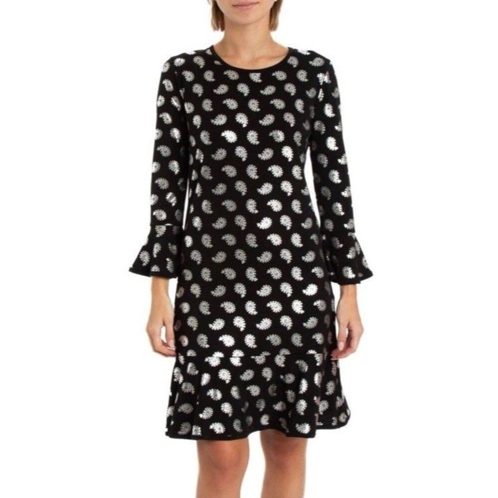 MICHAEL KORS Black/Silver Foil Paisley Flounce Shift Dress Bell Sleeves Size S